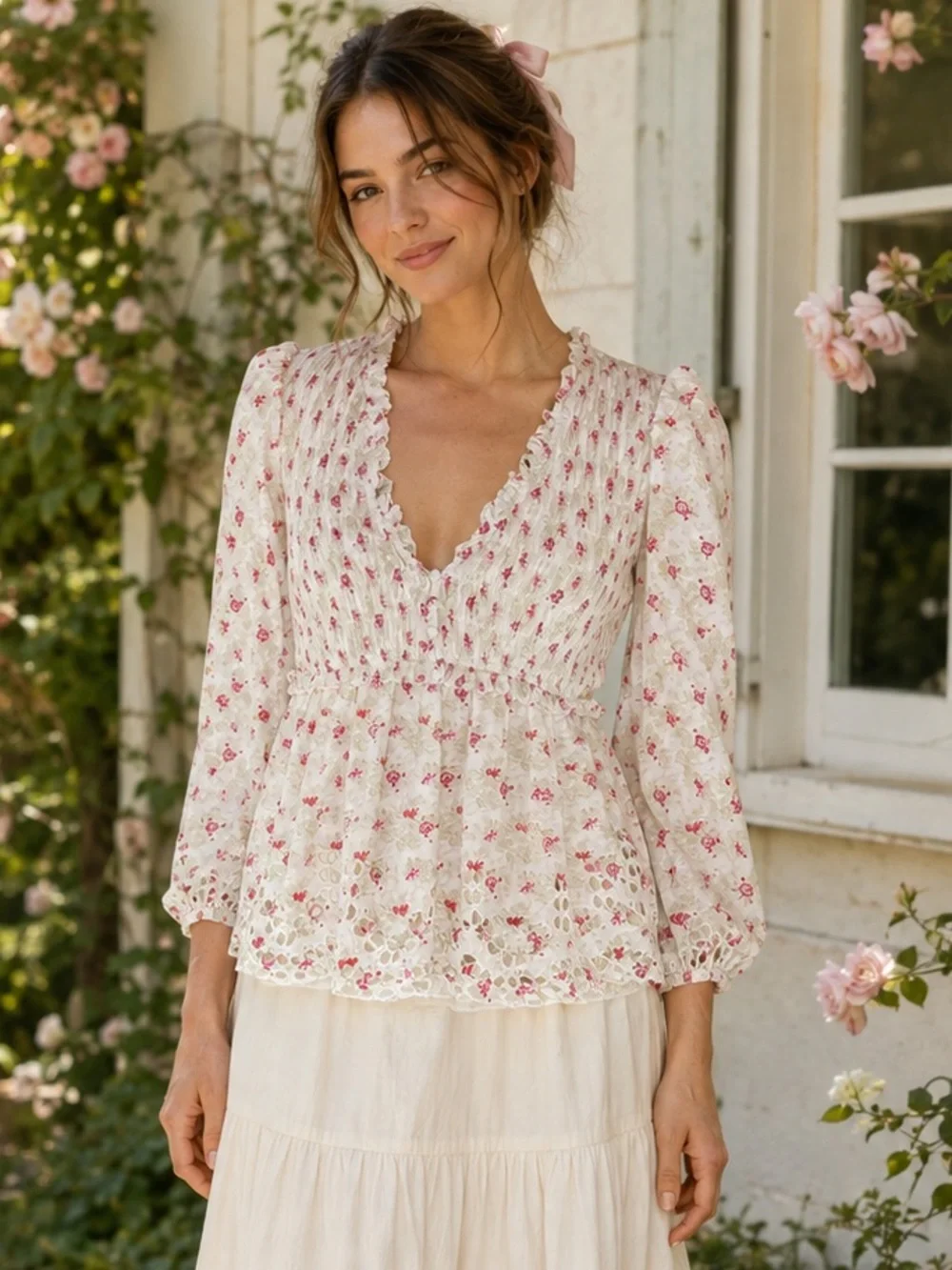 Anthropologie Floral Smocked Eyelet Puff Sleeve Blouse Size S NWT Cottagecore